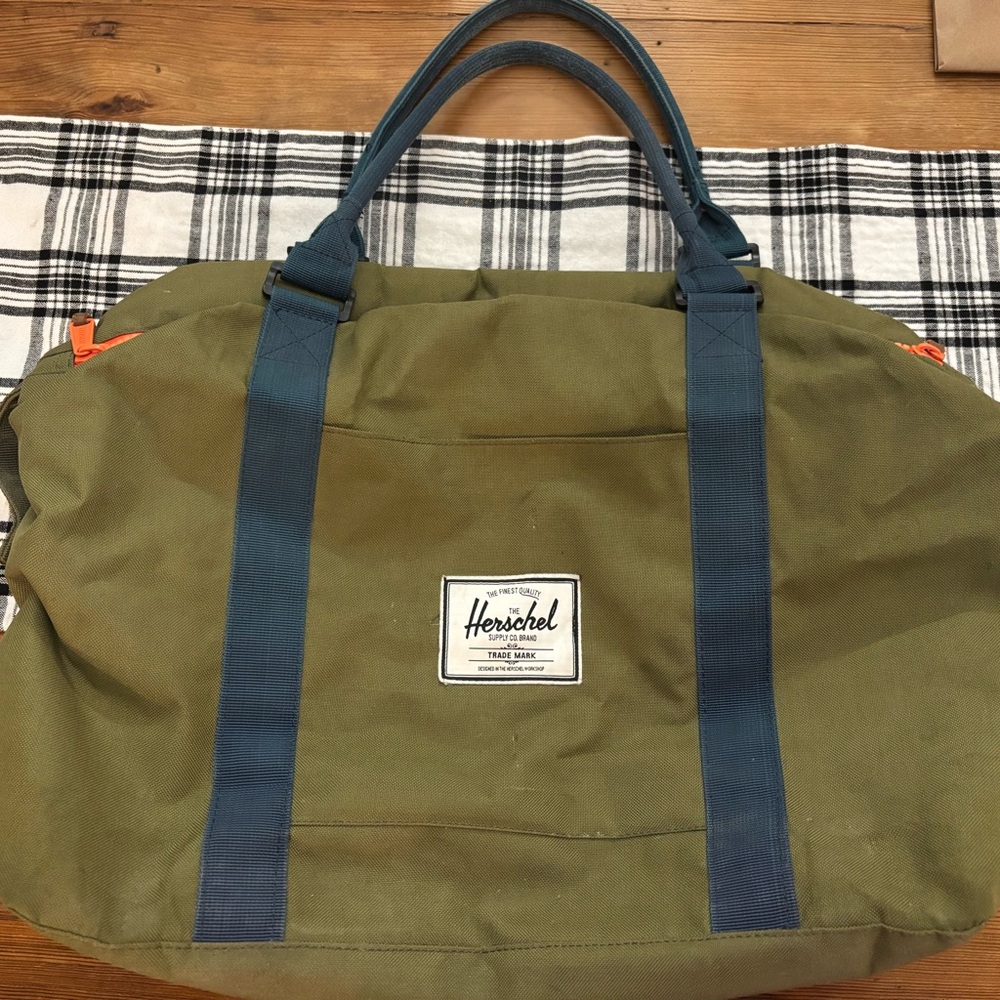 Herschel Supply Co. Strand Plus Duffle Army Green Blue Strap Striped Lined Red
